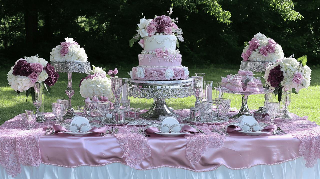 Décoration de table communion fille : un mariage subtil de rose, prune et argent pour un nappage élégant