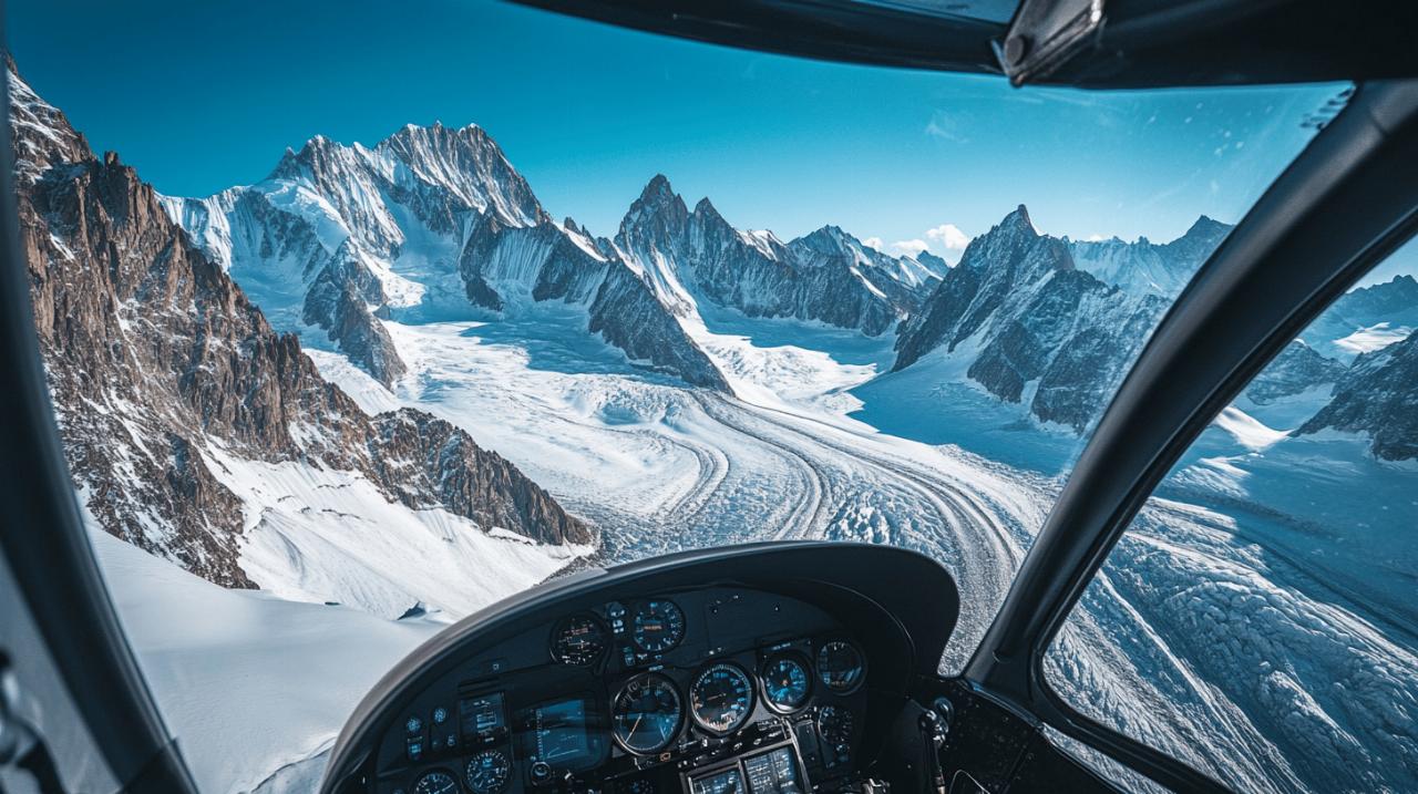 Des pionniers aux helicopteres : le survol du Mont-Blanc en helicoptere, une vue spectaculaire sur deux siecles d’alpinisme